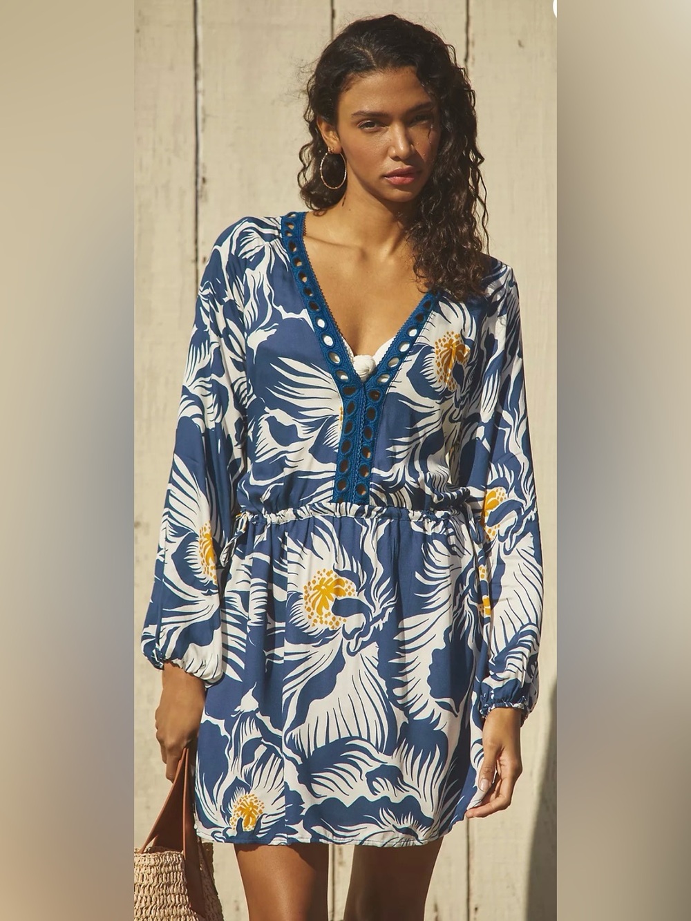 Maaji Delft Flowers Sierra Tunic Dress Swim Coverup Navy Yellow Cream Small
